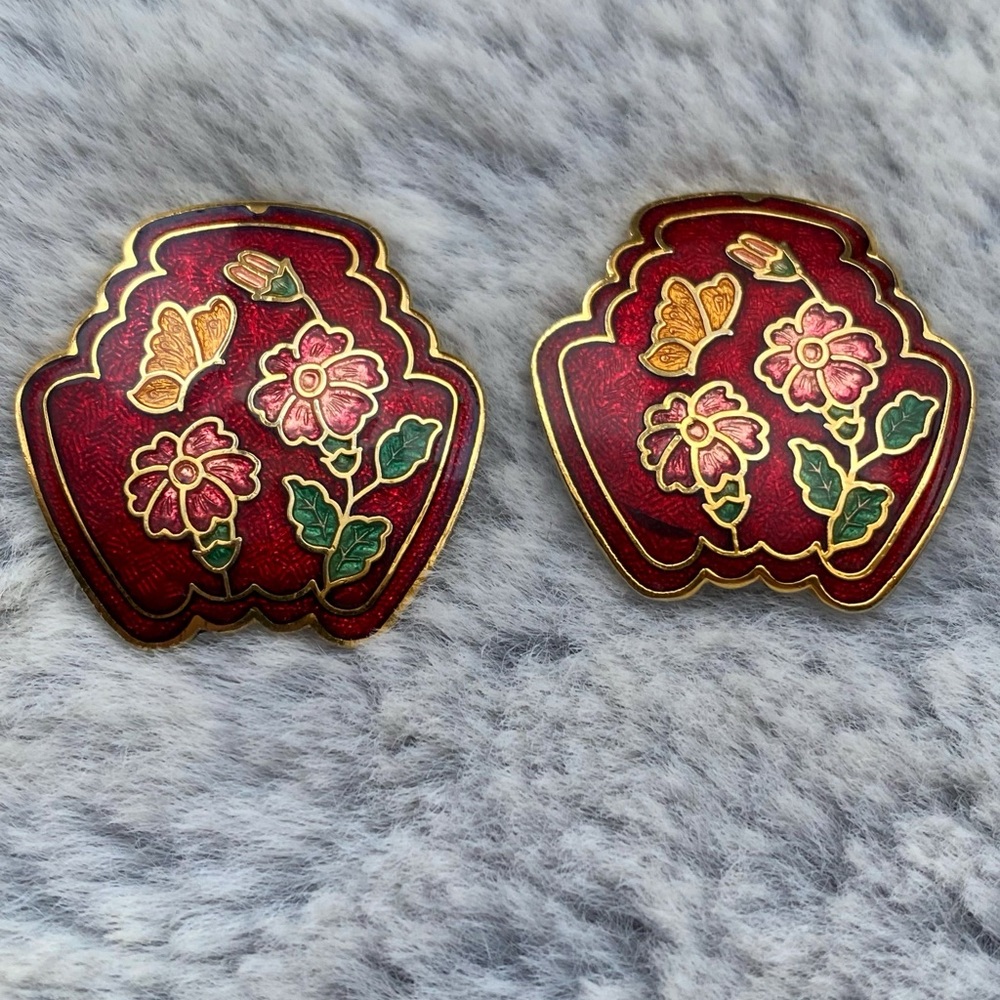 Vintage Red Cloisonne Butterfly Floral Stud Earrings
